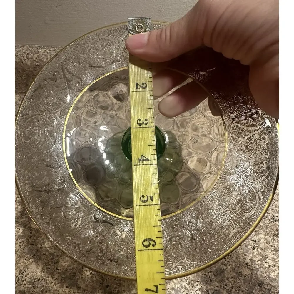 Vaseline Green Clear Glass Compote 24K Gold Rim Candy Trinket Dish MCM Vintage